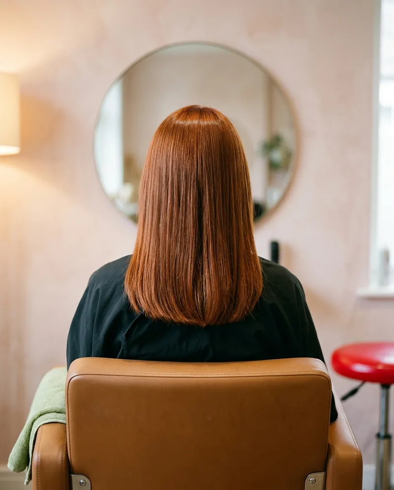 O mesmo cabelo visto de costas depois de uma coloração vermelho acobreado