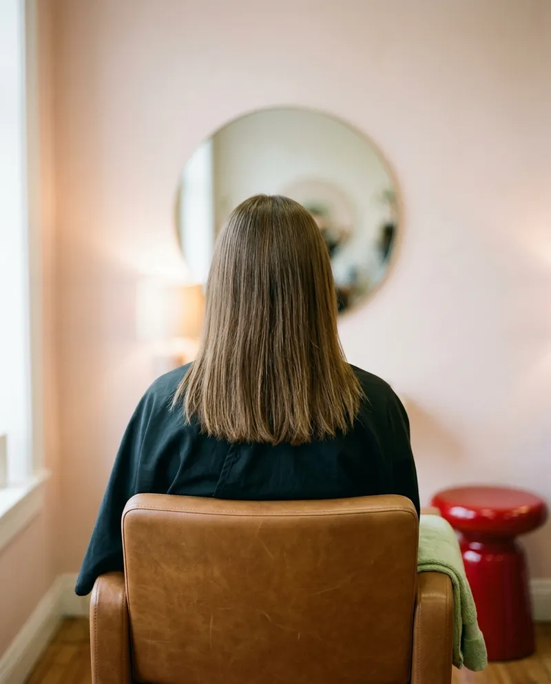 Cabelo castanho pelos ombros visto de costas antes da coloração